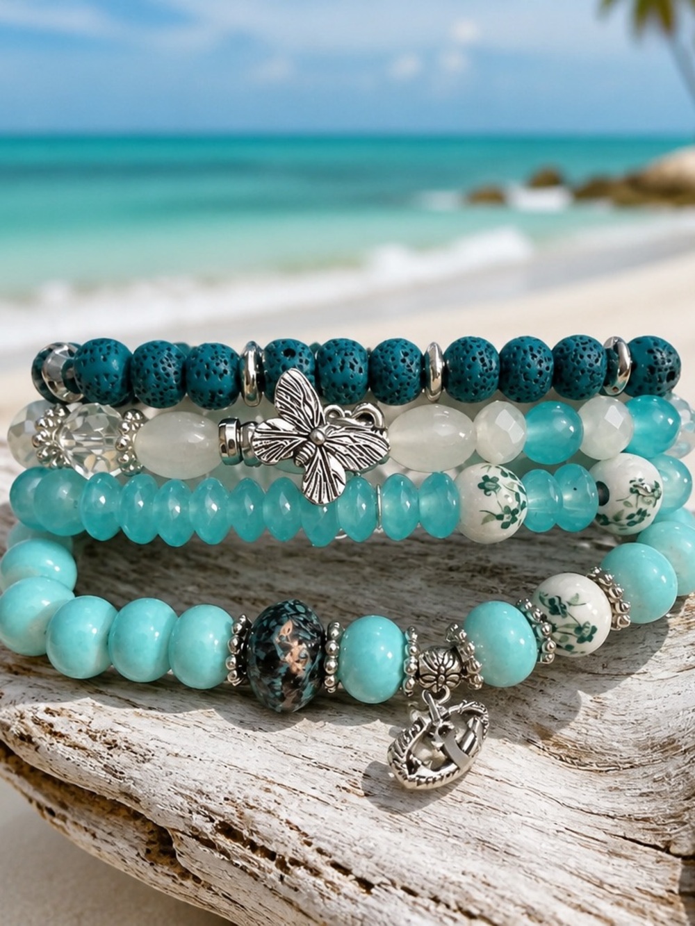 Turquoise Stacked Bead Bracelet Set with Silver Accents